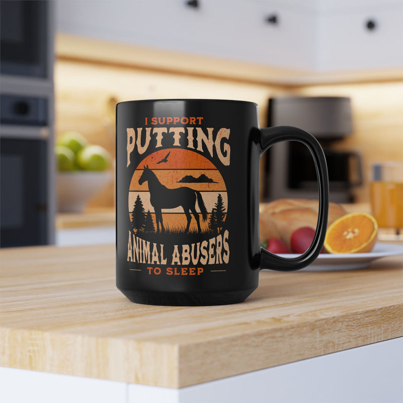 Oversized 15oz coffee mug (right view) with horse silhouette and sunset design, displayed in warm kitchen morning scene.