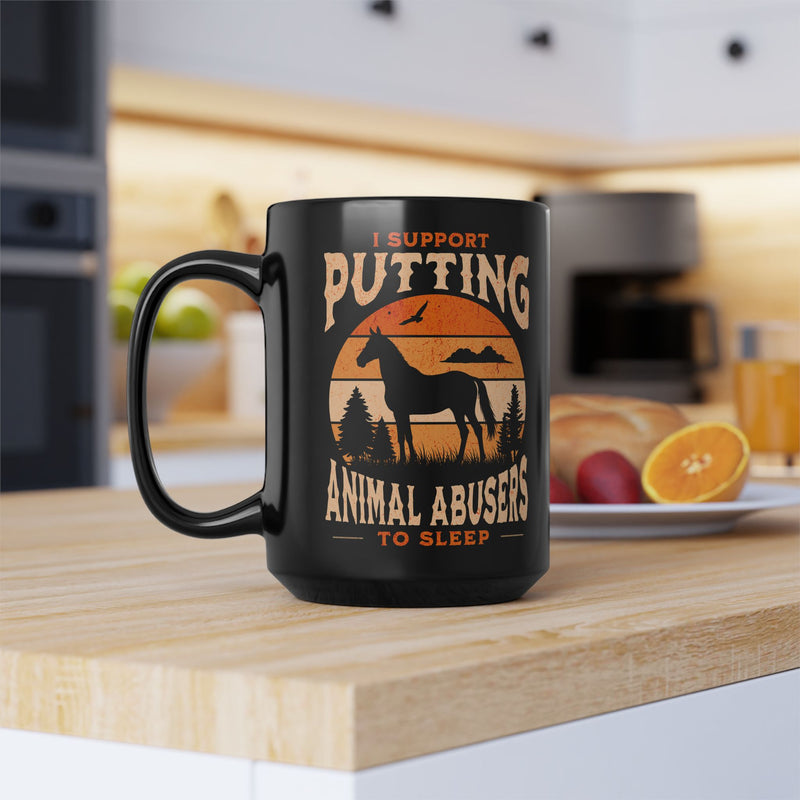 Oversized 15oz coffee mug (left view) with horse silhouette and sunset design, displayed in warm kitchen morning scene.