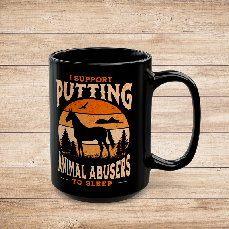 Large 15oz ceramic mug (right view) in glossy black with bold horse silhouette and anti-animal abuse slogan, displayed on rustic wood background.