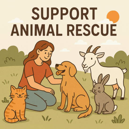 Illustration of a woman kneeling in a grassy field surrounded by a happy dog, cat, goat, and rabbit. The text above reads “Support Animal Rescue,” encouraging care and adoption of animals in need. The scene conveys warmth, compassion, and connection with animals.