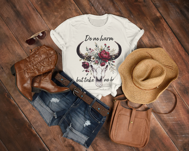 🐂 Do No Harm But Take No Bull – Boho Bull Skull Floral Graphic Tee