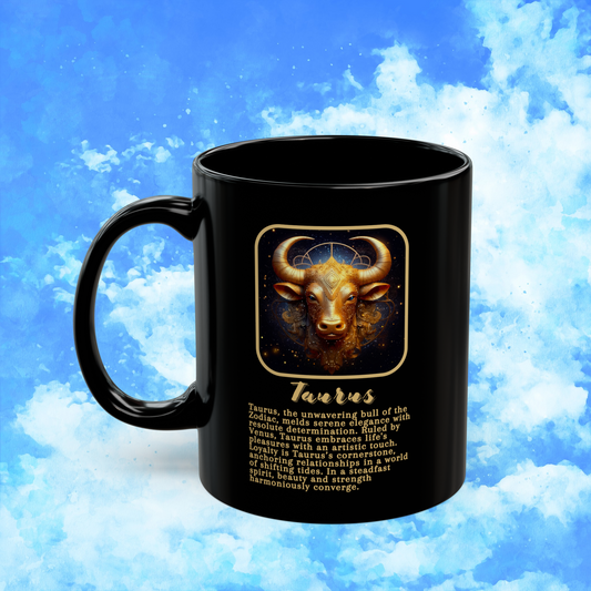 Taurus Zodiac Astrology Mug 11 oz left view featuring loyal Taurus bull design and earthy description