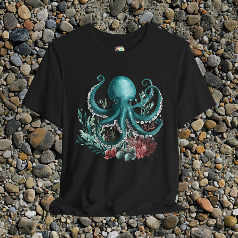 🦑 Teal Octopus Watercolor Tee – Marine Life-Inspired T-Shirt Black