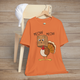 Cartoon cat in turkey costume with “Meow Meow” text on burnt orange unisex tee, perfect for Thanksgiving