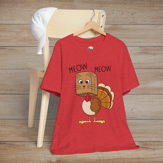 Cute turkey-cat design tee in heather red, featuring boxed cat with tail feathers and “Meow Meow” caption