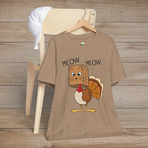 Heather tan Thanksgiving shirt with silly cat wearing turkey costume and “Meow Meow” text