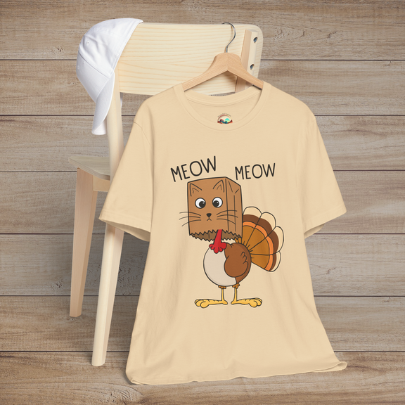  Light cream t-shirt with adorable cartoon cat disguised as a turkey, says “Meow Meow”