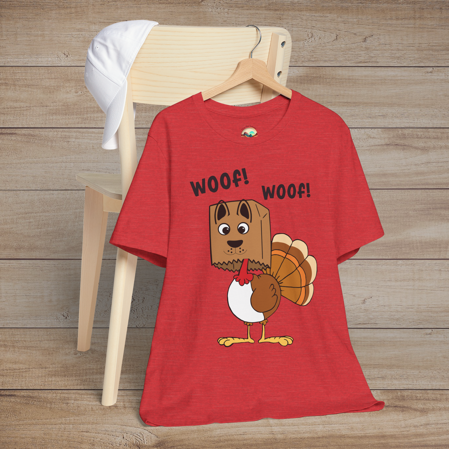 Comical Thanksgiving turkey dressed as a dog, “Woof! Woof!” phrase, on heather red shirt