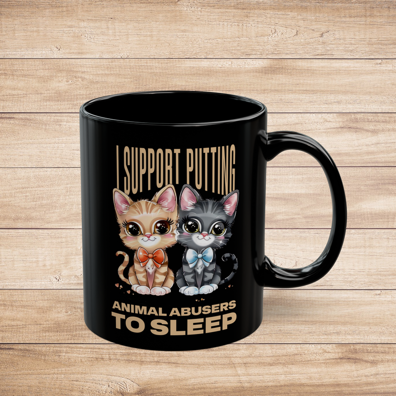 Black mug with fierce pro-animal design featuring cute cats and unapologetic message, right side view.
