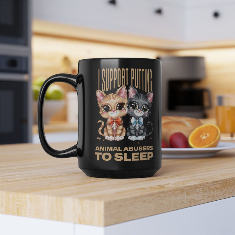 Black 15oz mug with striking cat graphic and statement text, placed on a breakfast kitchen counter.