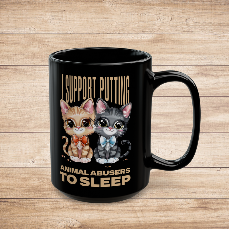 Right-facing black 15oz mug with eye-catching animal advocate message and cute illustrated cats.