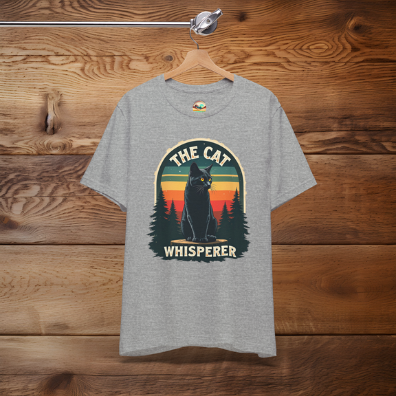 Heather gray Cat Whisperer T-Shirt showing a black cat and vintage sunset, perfect for outdoor enthusiasts and feline admirers