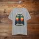 Heather gray Cat Whisperer T-Shirt showing a black cat and vintage sunset, perfect for outdoor enthusiasts and feline admirers