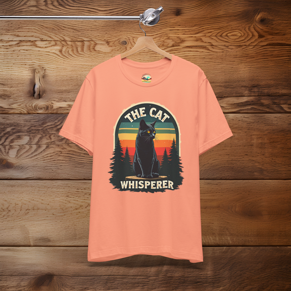Sunset color Cat Whisperer T-Shirt with a majestic black cat design and warm retro sunset, blending outdoor spirit and feline magic