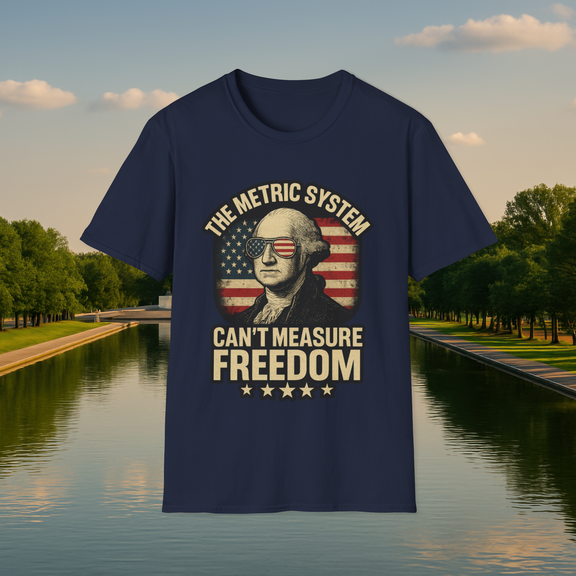 Flat lay of a navy blue T-shirt showcasing the 'The Metric System Can’t Measure Freedom' design with George Washington and distressed American flag background