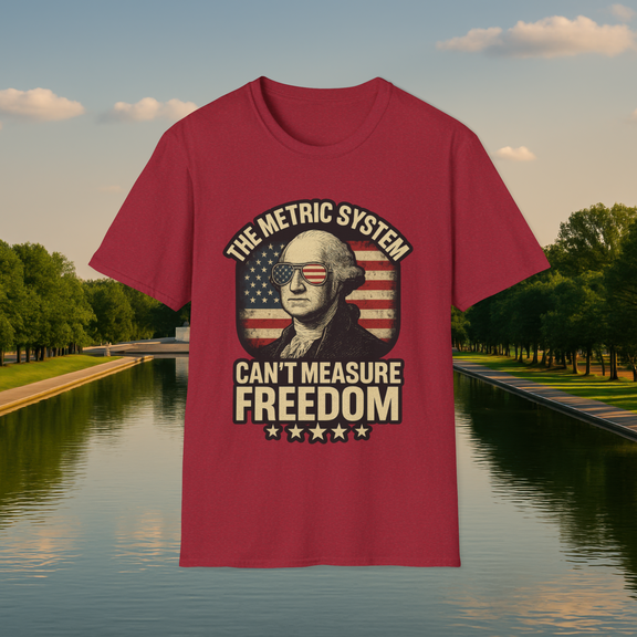 Flat lay of an antique cherry red T-shirt with vintage 'The Metric System Can’t Measure Freedom' George Washington graphic and patriotic distressed flag design