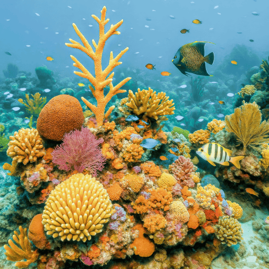 A vibrant coral reef teeming with colorful corals and tropical fish, showcasing a healthy marine ecosystem with staghorn coral, brain coral, and various reef species.