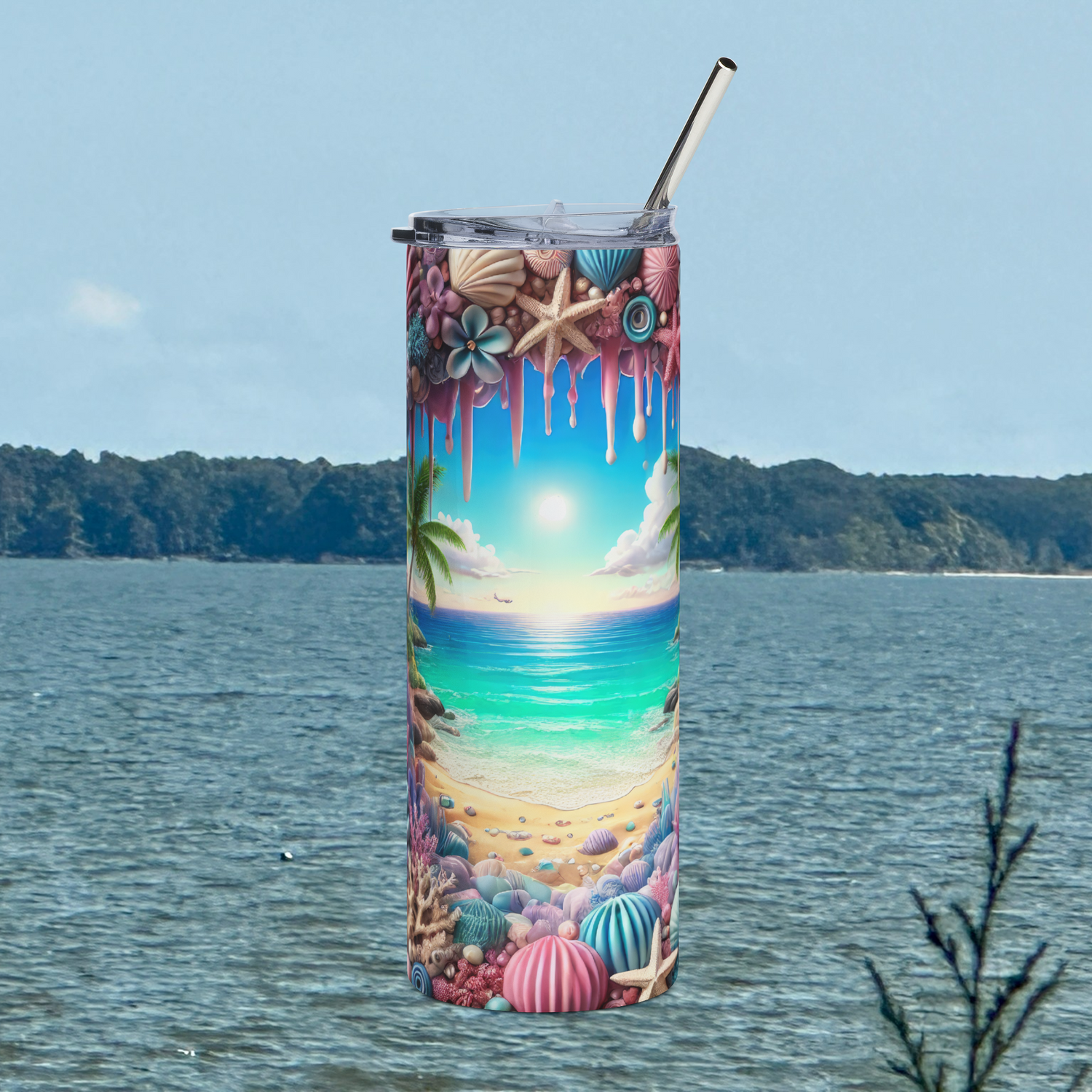 Front view of Tropical Beach Paradise 20oz stainless steel tumbler featuring ocean sunset, seashells, and coral artwork – coastal beach drinkware by Peaceful Nature Designs.