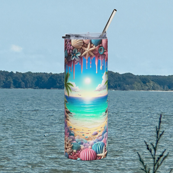 Front view of Tropical Beach Paradise 20oz stainless steel tumbler featuring ocean sunset, seashells, and coral artwork – coastal beach drinkware by Peaceful Nature Designs.
