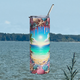Front view of Tropical Beach Paradise 20oz stainless steel tumbler featuring ocean sunset, seashells, and coral artwork – coastal beach drinkware by Peaceful Nature Designs.