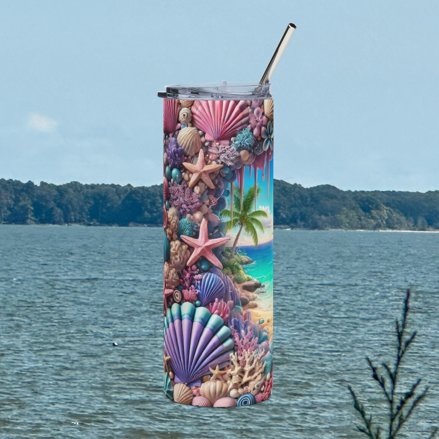 Left side of Tropical Beach Paradise 20oz stainless steel tumbler with starfish, seashells, and pastel coral details – tropical ocean lover tumbler