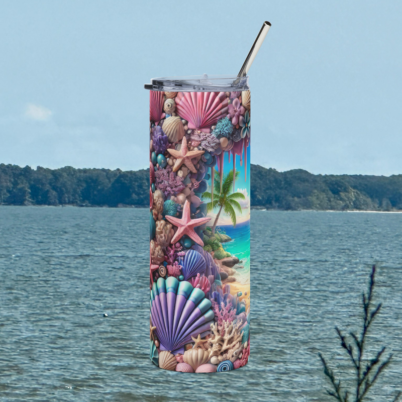 Left side of Tropical Beach Paradise 20oz stainless steel tumbler with starfish, seashells, and pastel coral details – tropical ocean lover tumbler