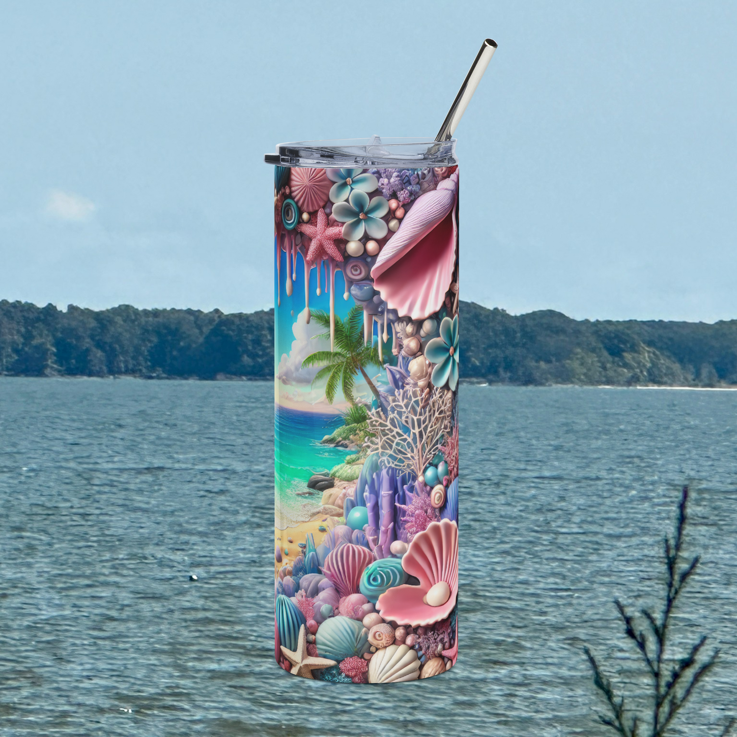 Right side view of Tropical Beach Paradise 20oz stainless steel tumbler showcasing coastal shells, palm trees, and ocean waves – beach gift by Peaceful Nature Designs