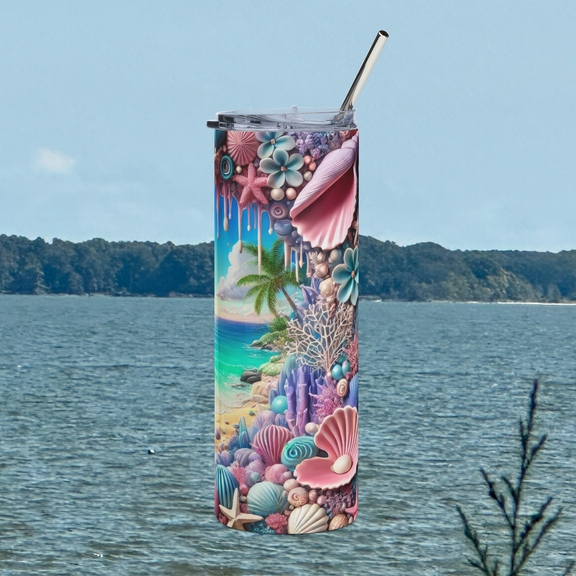 Right side view of Tropical Beach Paradise 20oz stainless steel tumbler showcasing coastal shells, palm trees, and ocean waves – beach gift by Peaceful Nature Designs