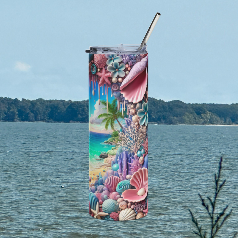 Right side view of Tropical Beach Paradise 20oz stainless steel tumbler showcasing coastal shells, palm trees, and ocean waves – beach gift by Peaceful Nature Designs