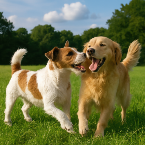 Two happy dogs playing together in the grass on a bright sunny day