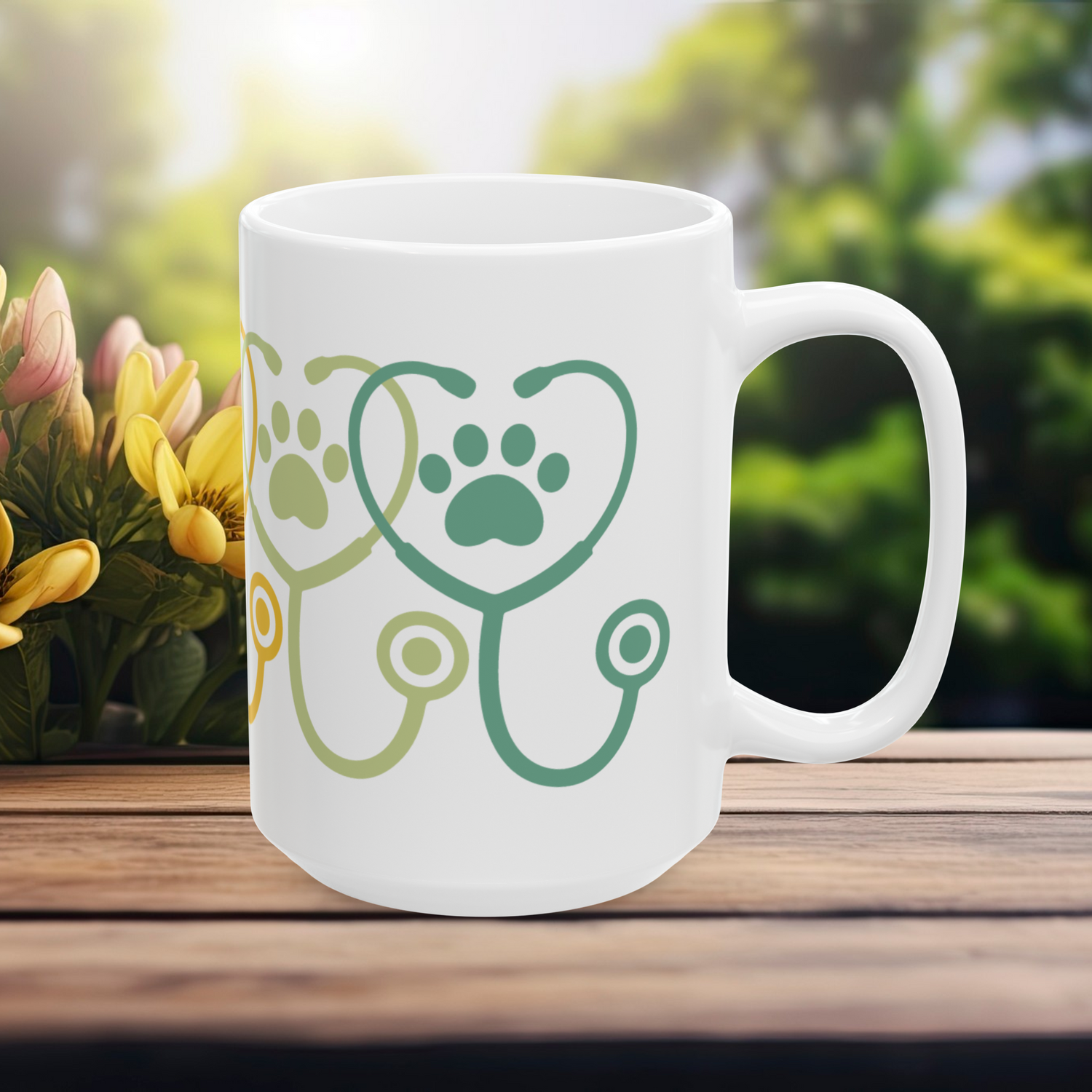15 oz white mug with teal and lime stethoscope hearts and paw print – right side view