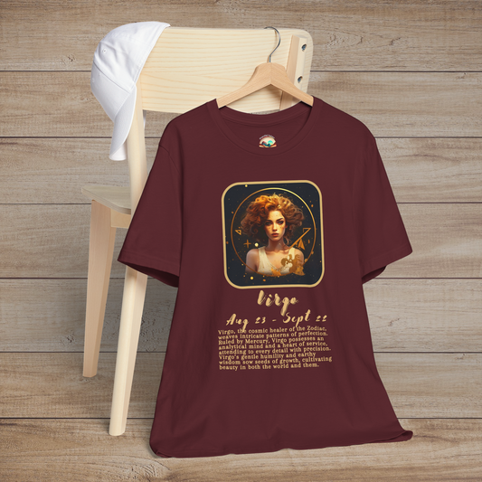 Maroon Virgo Zodiac T-Shirt featuring a refined golden Virgo symbol and thoughtful astrological meaning