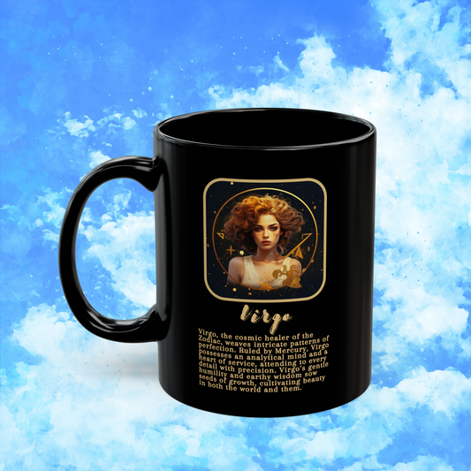 Virgo Zodiac Astrology Mug 11 oz left view featuring a delicate Virgo maiden design and meticulous energy