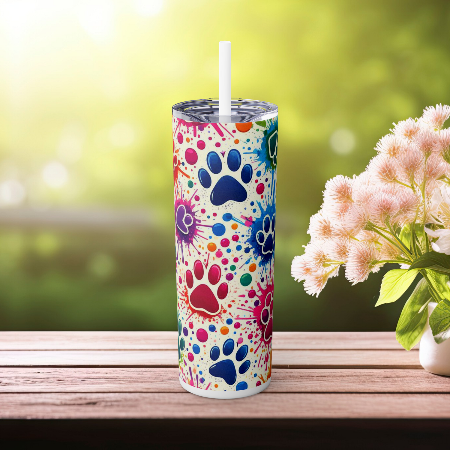 🎨 Color Splash Paw Print Skinny Tumbler – 20oz Pet Lover Edition 🐶🐱 Glossy White 20oz