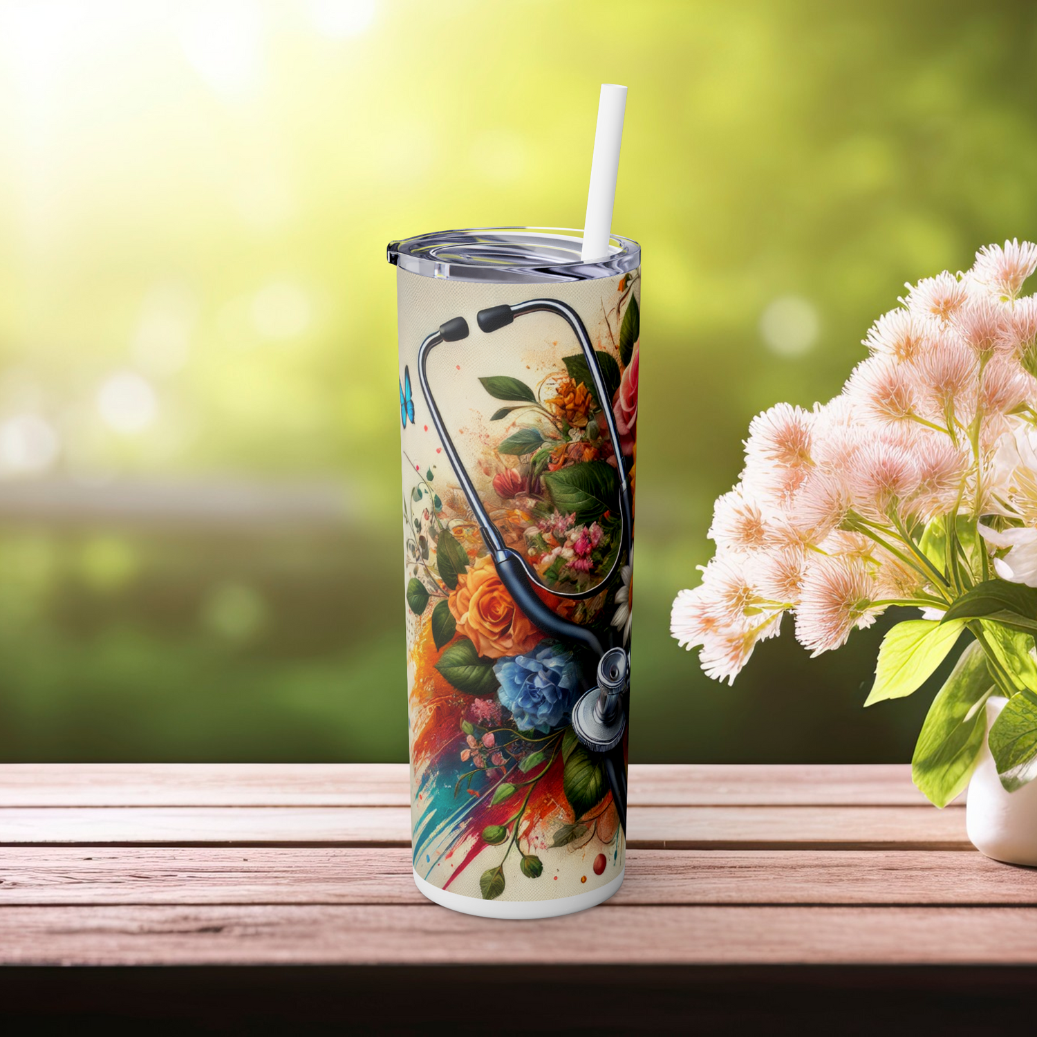 White tumbler with stethoscope and sunflowers, left side view