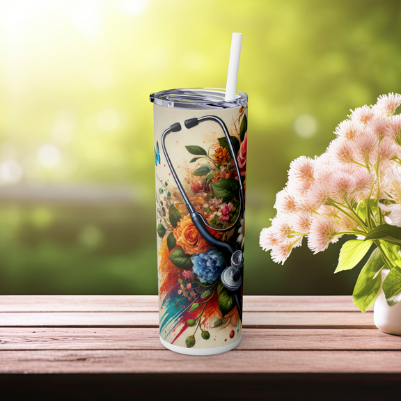 White tumbler with stethoscope and sunflowers, left side view