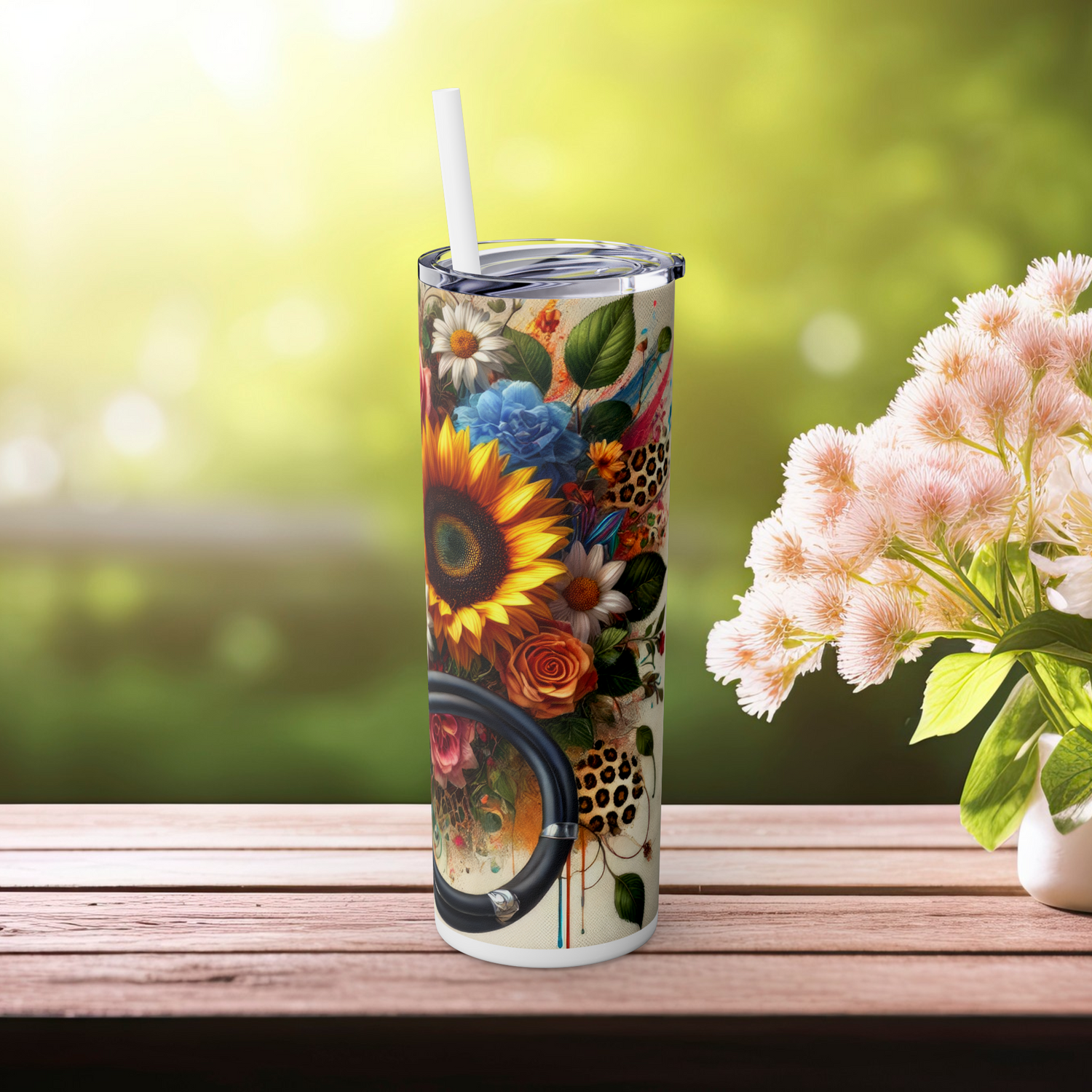 White floral medical tumbler with watercolor splashes, right side view