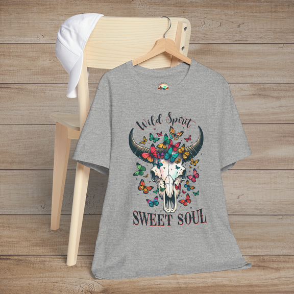 Heather gray Wild Spirit Sweet Soul T-Shirt with a buffalo skull and colorful butterflies boho hippie style
