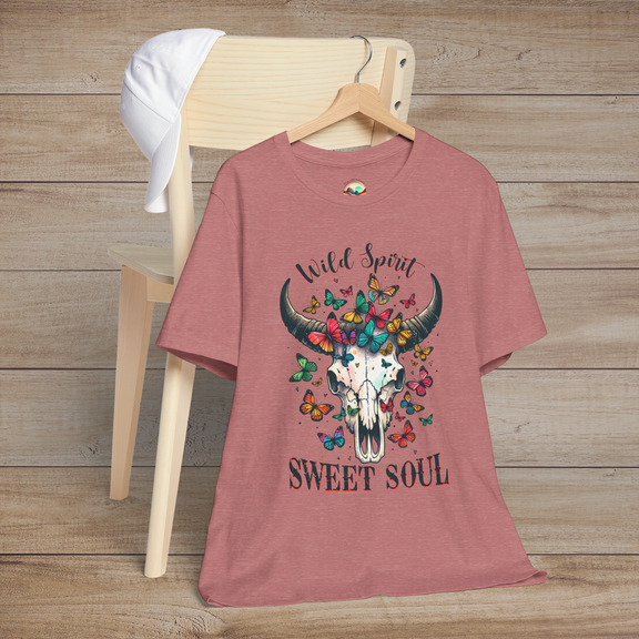 Heather mauve Wild Spirit Sweet Soul T-Shirt featuring a skull surrounded by vibrant butterflies free spirit design