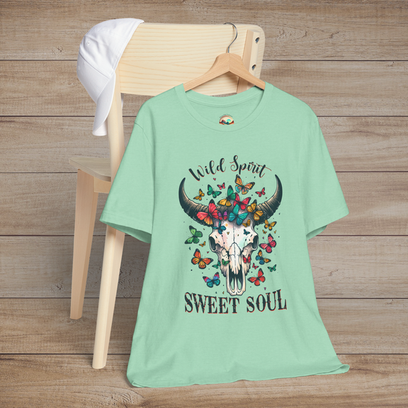 Heather mint Wild Spirit Sweet Soul T-Shirt showcasing a western skull with bright colorful butterflies dreamer tee