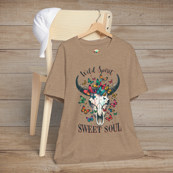 Heather tan Wild Spirit Sweet Soul T-Shirt with buffalo skull art and vivid butterflies perfect for bohemian style lovers