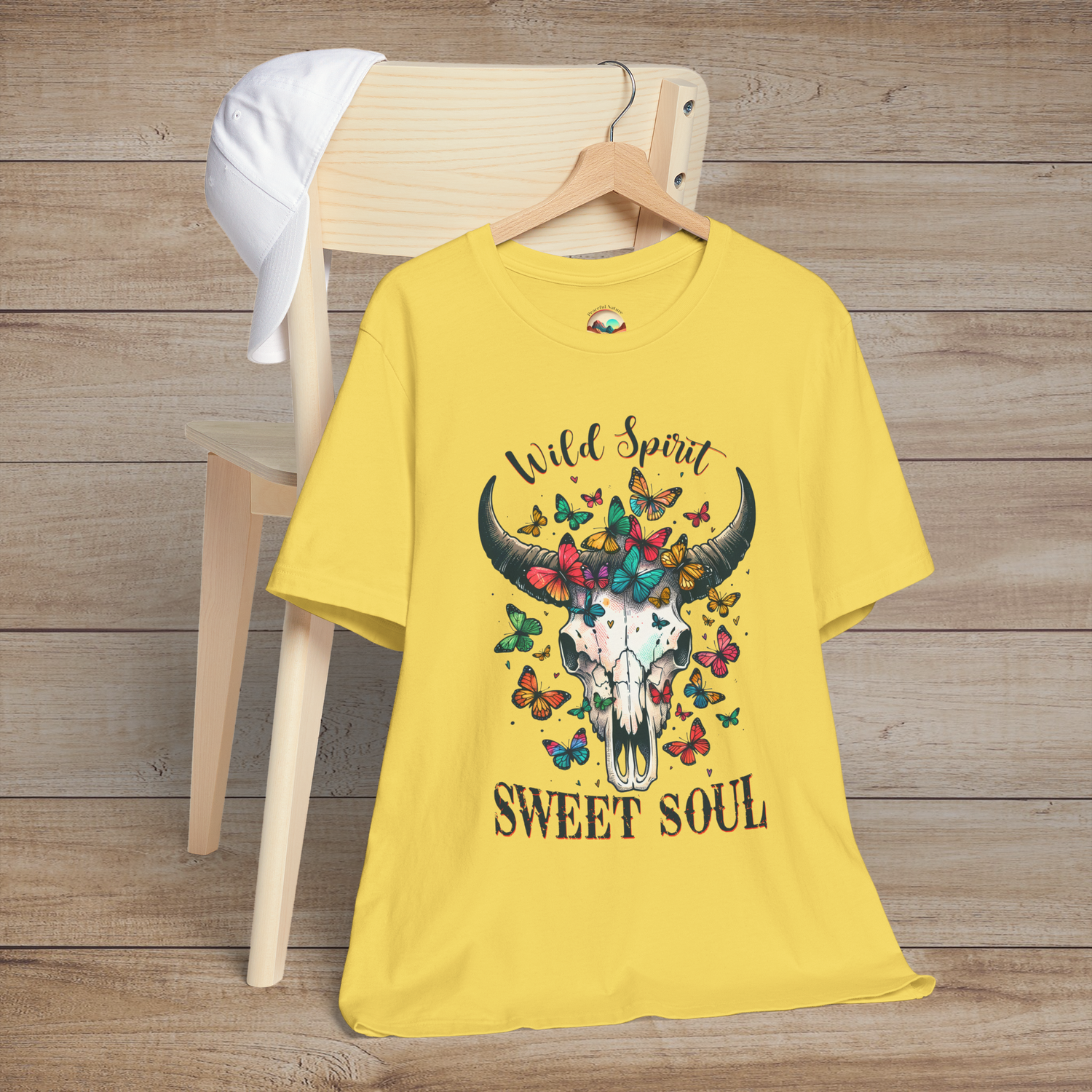 Maize yellow Wild Spirit Sweet Soul T-Shirt with artistic buffalo skull and fluttering butterflies free spirited design