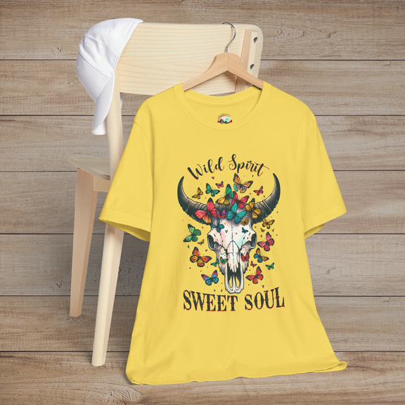 Maize yellow Wild Spirit Sweet Soul T-Shirt with artistic buffalo skull and fluttering butterflies free spirited design