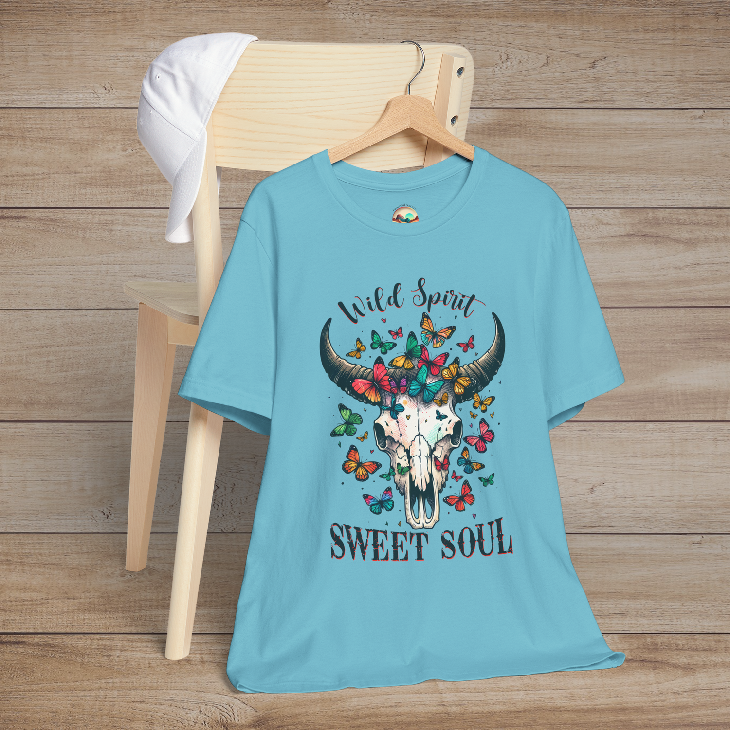 Turquoise Wild Spirit Sweet Soul T-Shirt with buffalo skull and multicolored butterfly design boho chic fashion