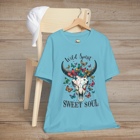 Turquoise Wild Spirit Sweet Soul T-Shirt with buffalo skull and multicolored butterfly design boho chic fashion