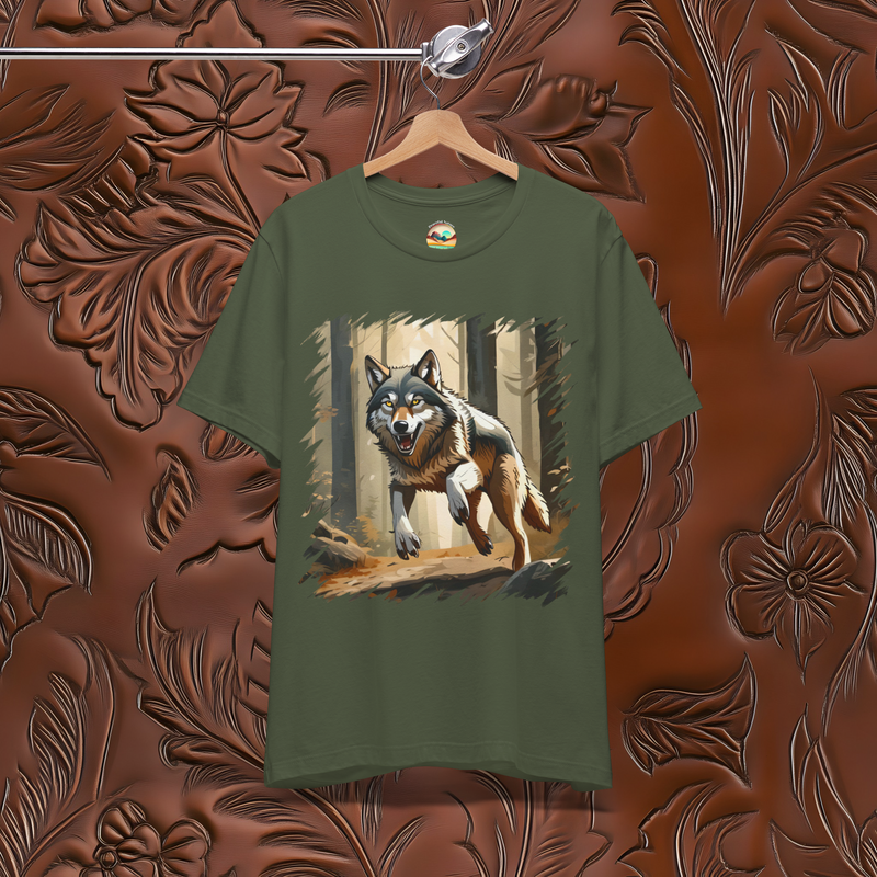 The Wild Wolf Hunt T-Shirt - Fierce & Untamed Wildlife Tee Military Green