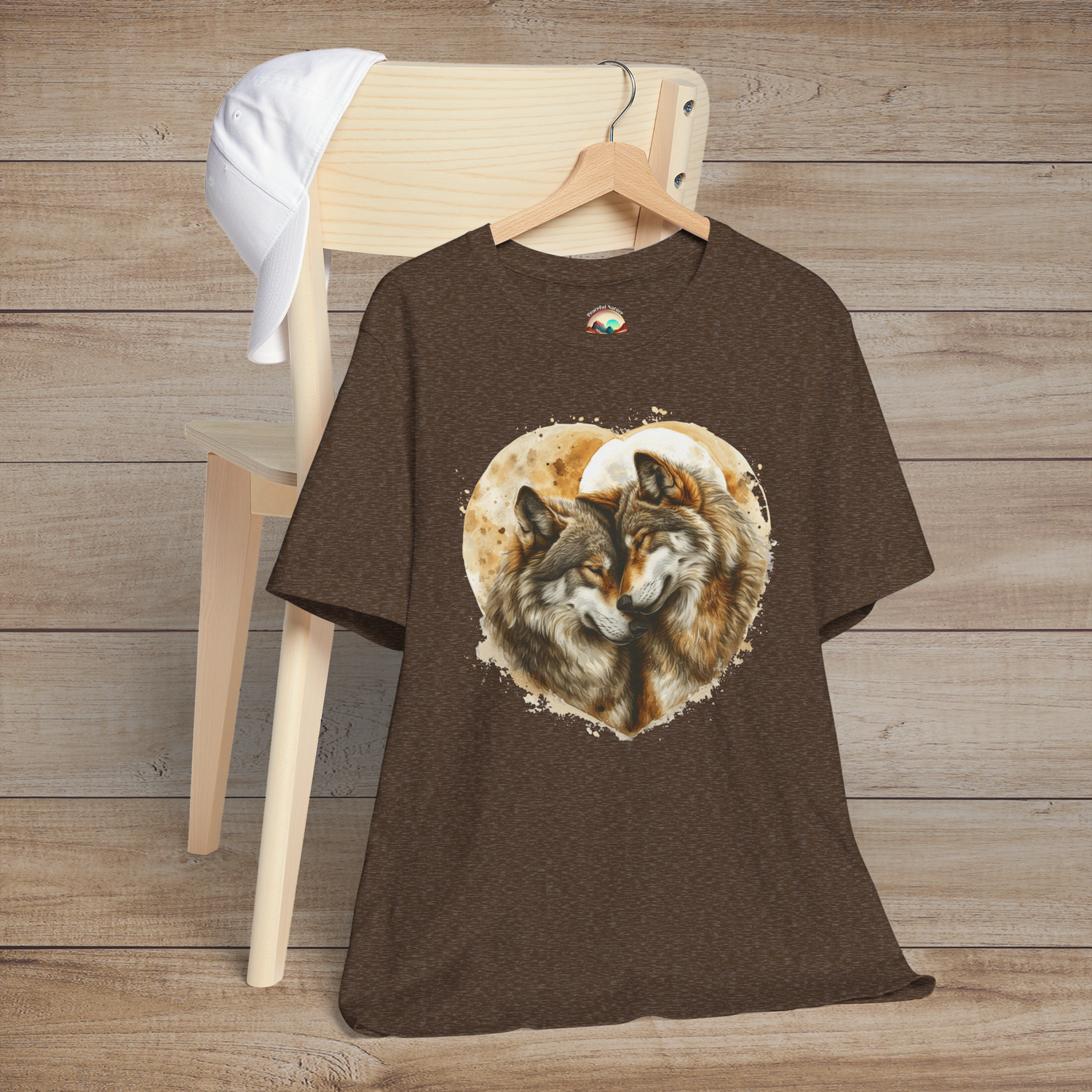 Heather brown t-shirt with a heart-shaped watercolor illustration of two wolves cuddling lovingly beneath a full moon