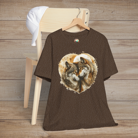Heather brown t-shirt with a heart-shaped watercolor illustration of two wolves cuddling lovingly beneath a full moon