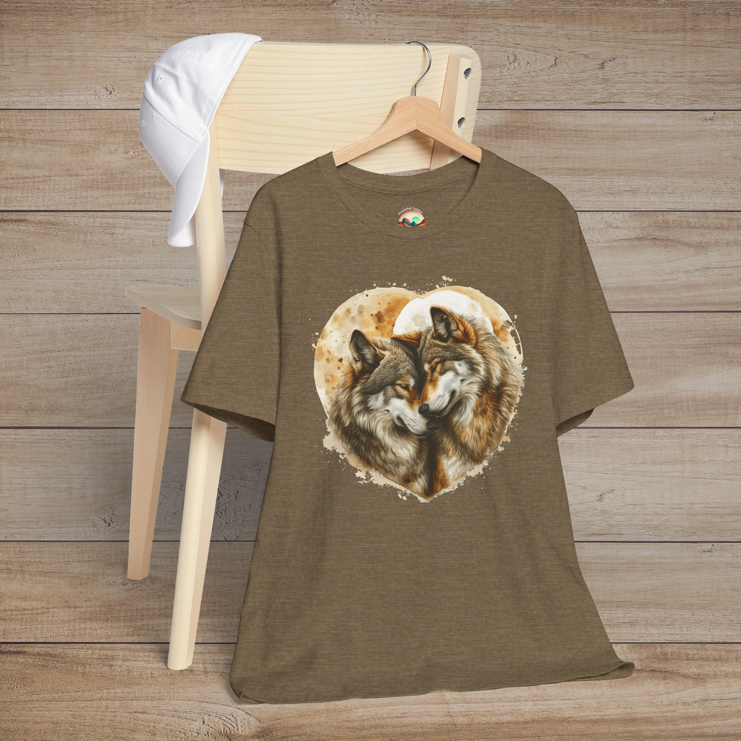 Heather olive t-shirt showcasing a detailed print of two affectionate wolves within a heart outline, symbolizing love and loyalty