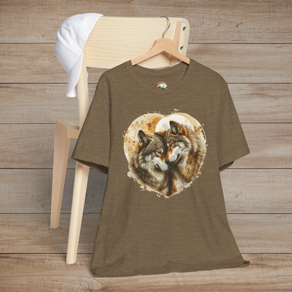 Heather olive t-shirt showcasing a detailed print of two affectionate wolves within a heart outline, symbolizing love and loyalty